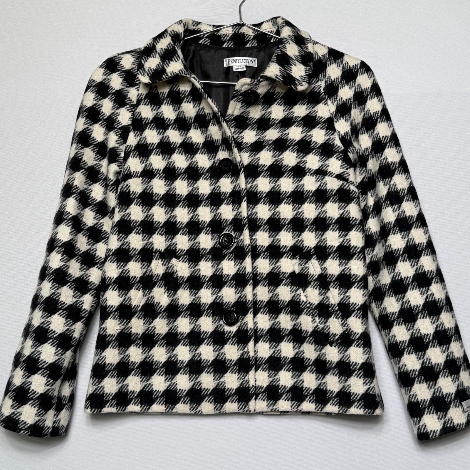 Pendleton Virgin Wool Coat Xs Black White Classic Preppy Houndstooth Made In Usa